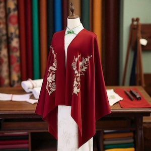 May include: A deep red cape with floral embroidery, displayed on a mannequin. The cape features an open front and is paired with a white top. The embroidery is in a cream color, and the background shows fabric bolts.