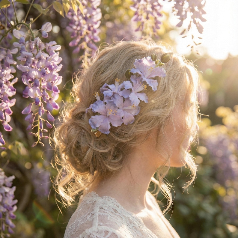 Close up of bride wearing purple silk velvet flower hair clip. Backlit by sun to highlight the translucent, fuzzy texture of the handmade Ronghua petals. Ethereal wedding look.