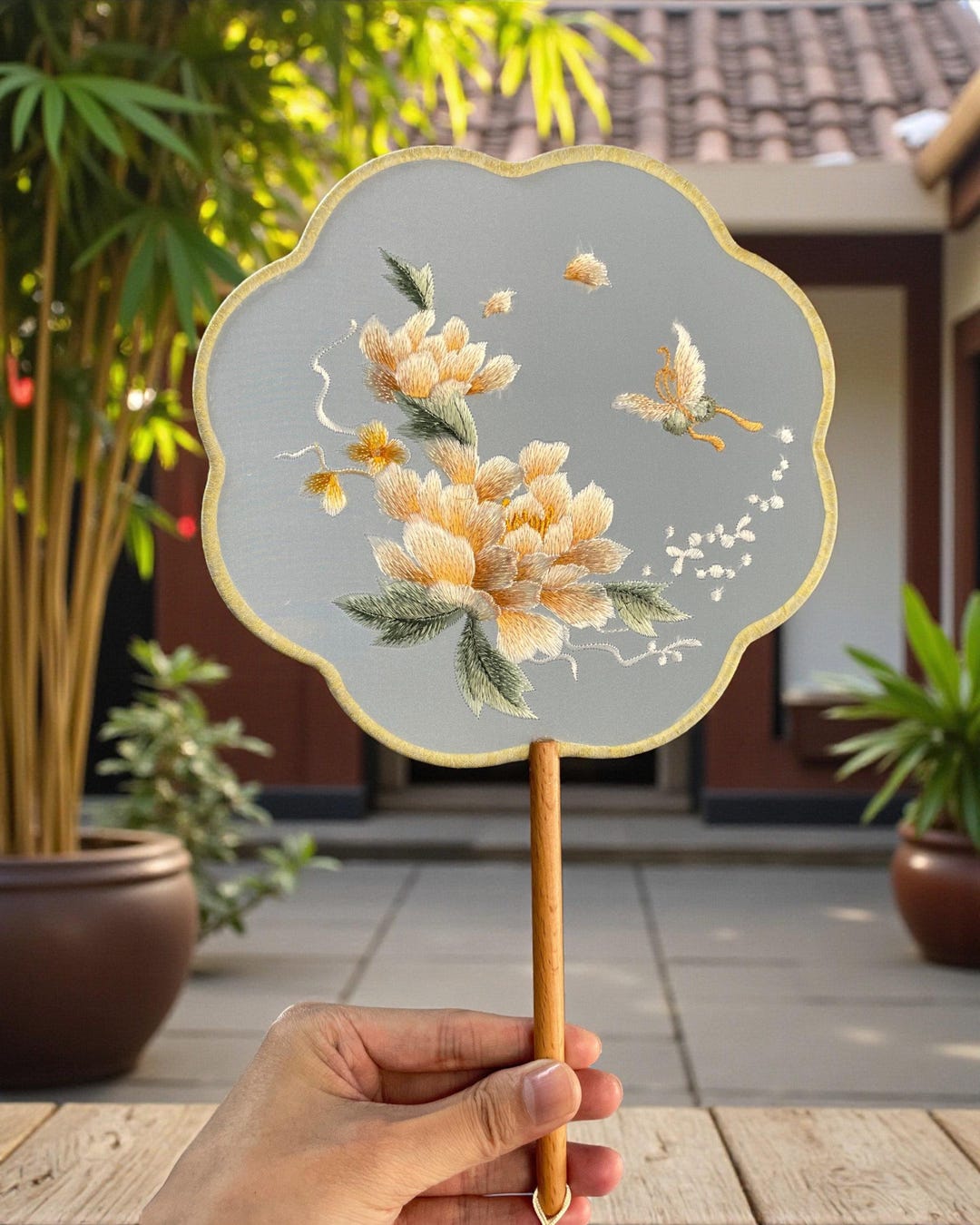 Handmade Suzhou Silk Embroidery Fan - Peony & Butterfly, Beech Wood - Etsy