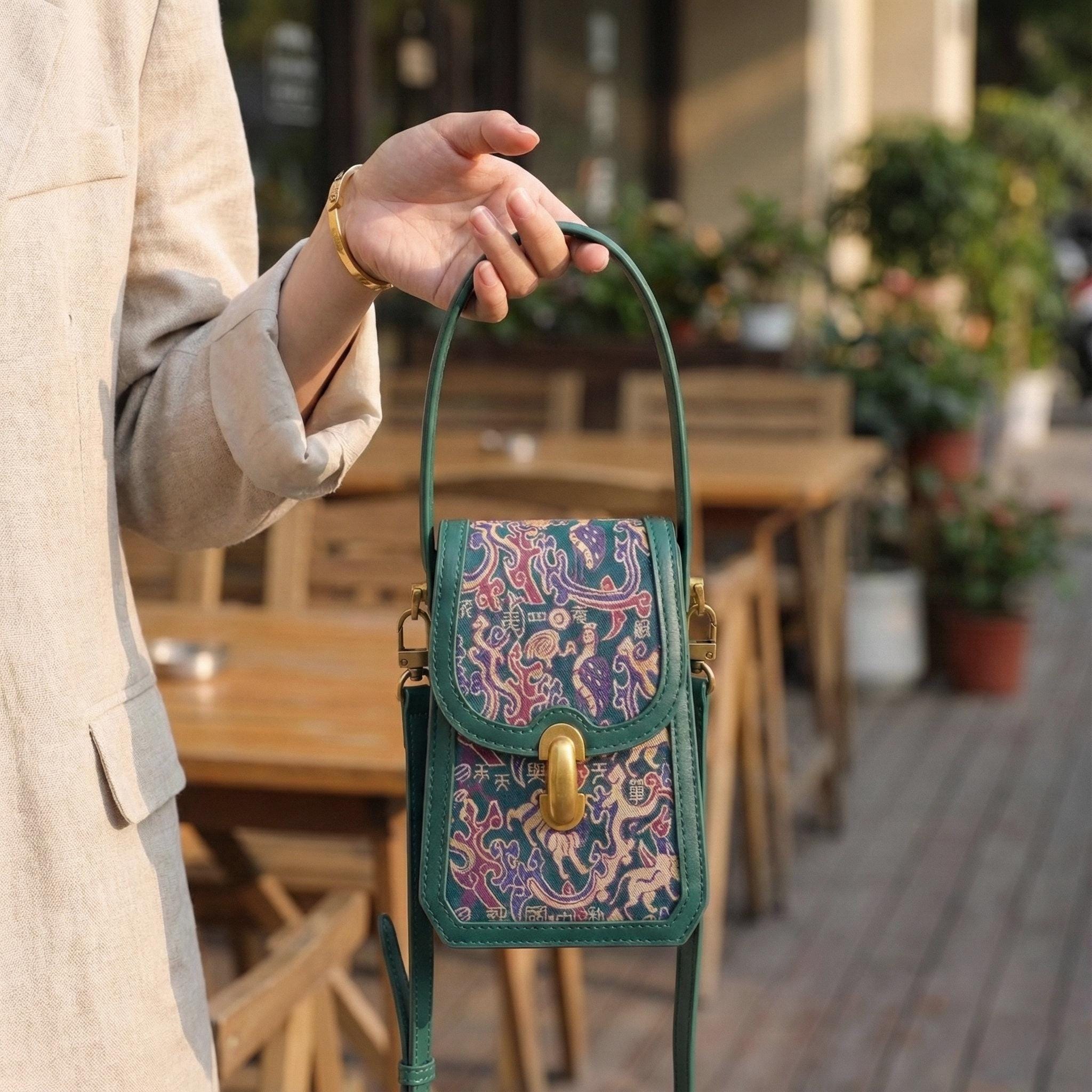 Shu Brocade Silk & Leather Phone Bag, Asian Art Crossbody Purse, Luxury Small Shoulder Bag