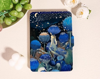 Fantasy Girl Kindle Case, Starry Night Reader Cover,Blue Floral Dreamy Design,Moonlight Fairy Tale Art, Magical Nature Aesthetic,reader Case