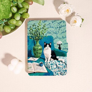 Kattläsande Kindle Kobo-fodral, bokälskare E-läsarfodral, mysig biblioteksestetisk design, kaffeböckerkonststil, vintage litterärt läsfodral