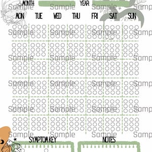 May include: A white and green monthly symptom overview chart with a grid for tracking. The chart includes the title "MONTHLY SYMPTOM OVERVIEW" and sections for month, year, and days of the week. Decorative elements include a snake, mushrooms, and a moth.