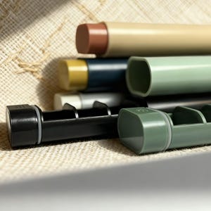 Puede incluir: Una colección de envases y aplicadores cosméticos cilíndricos de colores. Los envases son de varios colores, como beige, azul marino, verde y negro. Los aplicadores son de varios colores, como marrón, amarillo y plateado.