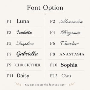 May include: A beige graphic with the text "Font Option" at the top. Below, twelve font options are listed, each with a name like "Luna" or "Sophia" and a corresponding number. The text "You can choose the font you want" is at the bottom.