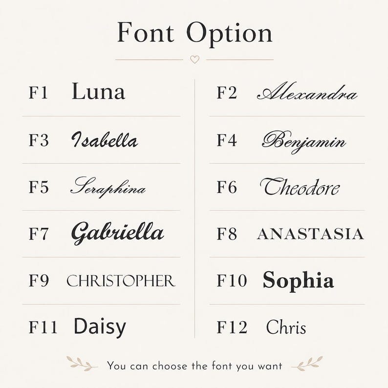 May include: A beige graphic with the text "Font Option" at the top. Below, twelve font options are listed, each with a name like "Luna" or "Sophia" and a corresponding number. The text "You can choose the font you want" is at the bottom.