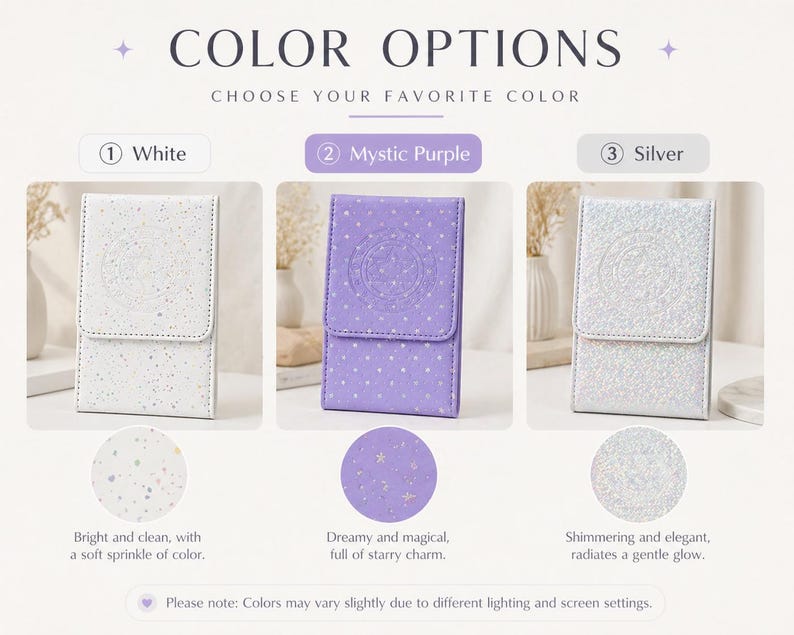 May include: Color options for a small, rectangular case with a flap closure. The case is shown in three colors: white with a speckled pattern, mystic purple with polka dots, and silver with a shimmering effect. The text reads "Choose Your Favorite Color."