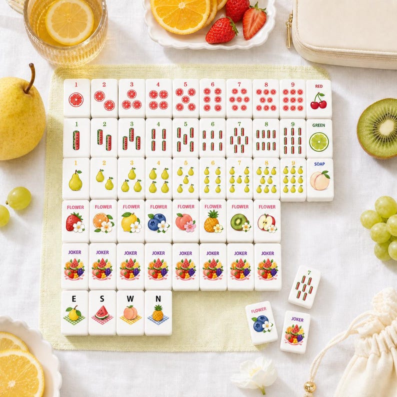 Fruit American Mahjong Set, Pink Glitter Acrylic Tiles, Summer Game Night Mahjong Lover Gift image 2
