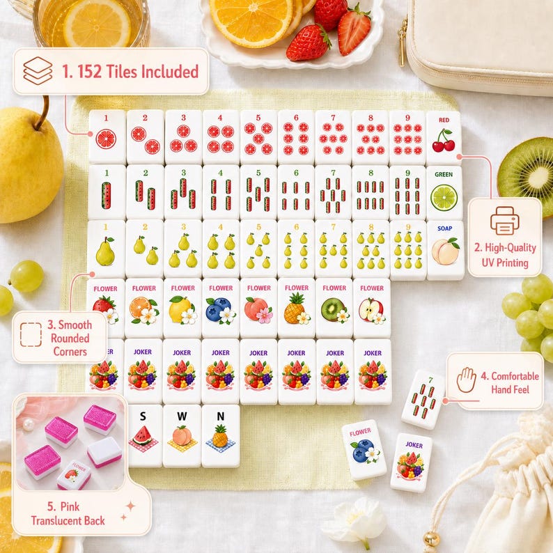 May include: A set of 152 white Mahjong tiles featuring colorful fruit and flower illustrations with smooth rounded corners. The tiles display numbers 1-9 in red, green, and yellow, plus flower and joker tiles with pink translucent backs.