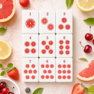 May include: A set of nine white rectangular mahjong tiles arranged in a three-by-three grid. Each tile features a red number from one to nine at the top and a corresponding number of red citrus slice illustrations arranged in a pattern.