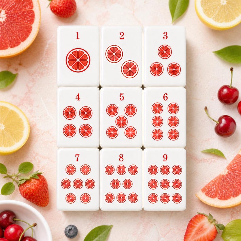May include: A set of nine white rectangular mahjong tiles arranged in a three-by-three grid. Each tile features a red number from one to nine at the top and a corresponding number of red citrus slice illustrations arranged in a pattern.