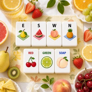 May include: Seven white rectangular tiles featuring illustrations of fruits and text. The top row shows a pear with E, watermelon with S, peach with W, and pineapple with N. The bottom row shows cherries with RED, lime with GREEN, and peach with SOAP.