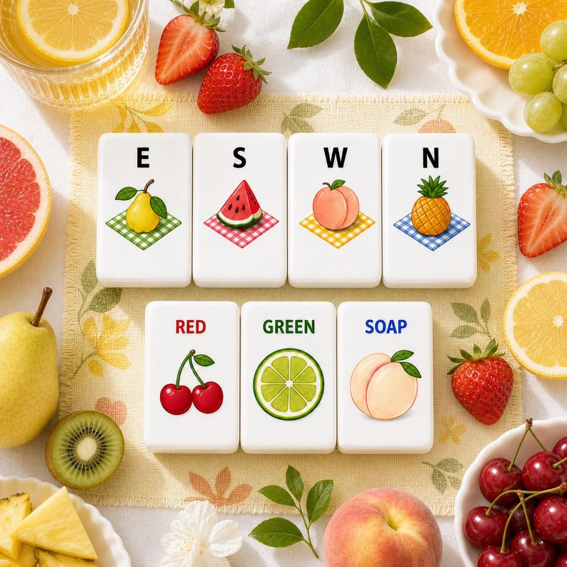May include: Seven white rectangular tiles featuring illustrations of fruits and text. The top row shows a pear with E, watermelon with S, peach with W, and pineapple with N. The bottom row shows cherries with RED, lime with GREEN, and peach with SOAP.