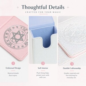 May include: A white card case with a light blue interior and a pink trim. The case features an embossed design on the cover and is made with quality materials and fine stitching. The text reads "Thoughtful Details".