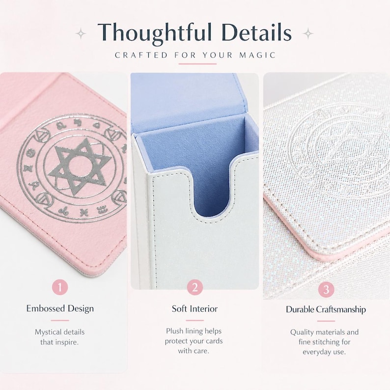 May include: A white card case with a light blue interior and a pink trim. The case features an embossed design on the cover and is made with quality materials and fine stitching. The text reads "Thoughtful Details".