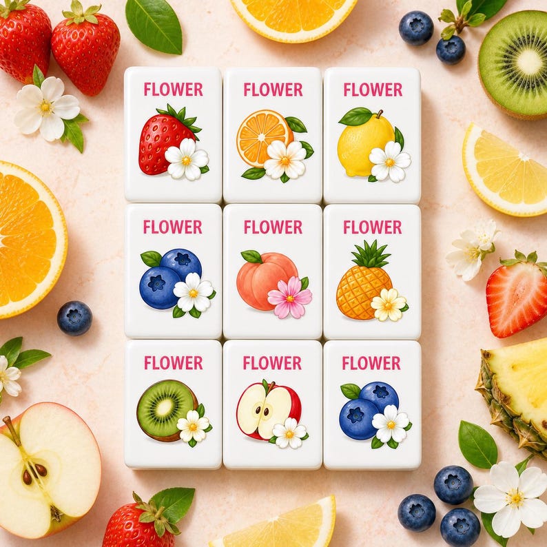 May include: A set of nine rectangular white tiles arranged in a grid, each featuring the word FLOWER in pink text above a colorful illustration of a fruit paired with a white or pink blossom, surrounded by scattered fresh fruit and flower petals.