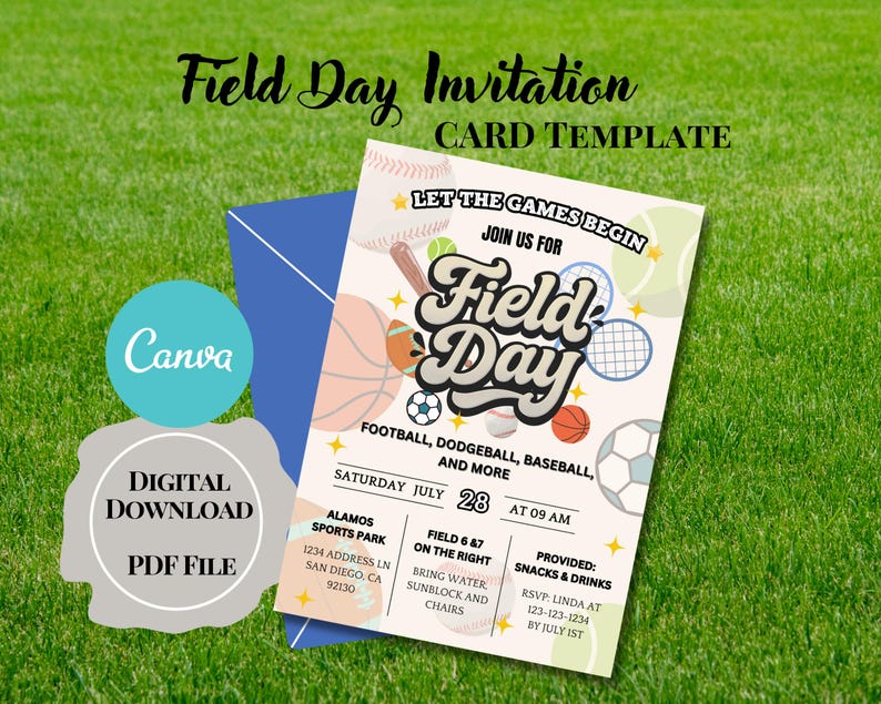 May include: A digital PDF file invitation card template for a Field Day event. The invitation features sports equipment illustrations and the text "Field Day". The card includes event details such as date, time, and location.