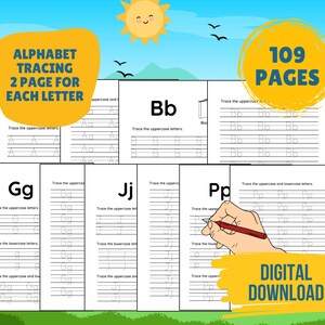 Hojas de trabajo de seguimiento del alfabeto / Reconocimiento de letras, seguimiento, prueba de habilidades y más (Descarga digital) Práctica de escritura a mano para niños / Seguimiento