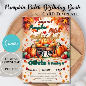 Editable Pumpkin Patch Birthday Bash Invite Template| Fall Pumpkin Birthday Invite| Fall leaves Autumn Birthday invite|Pumpkin Party Invite