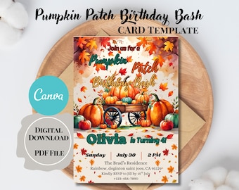May include: A digital PDF file card template for a Pumpkin Patch Birthday Bash. The design features watercolor pumpkins, fall leaves, and the text "Olivia is Turning 4!" Includes event details and Canva logo.