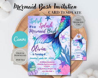 May include: A mermaid-themed invitation card template with a matching thank you tag. The invitation features a mermaid tail design in shades of blue, purple, and pink, with the text "Mermaid Bash Invitation" and event details. The thank you tag has a mermaid tail and the words "Thank You".