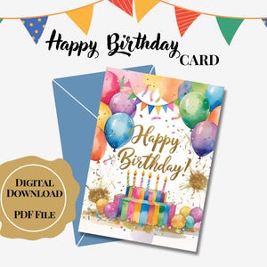 Cartão de feliz aniversário para imprimir | Cartão com balões brilhantes | Cartão de aniversário | Cartão de aniversário fofo | Para ela e para ele | Cartões comemorativos |
