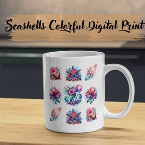 Taza de café colorida con estampado de conchas marinas/vibraciones de verano/taza de verano/regalo para ella/regalo de cumpleaños/amantes de la playa/regalo de conchas/regalo de decoración de verano/tabla de surf