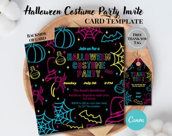 May include: Black Halloween party invitation card template with neon-style graphics of pumpkins, bats, spiders, and potion bottles. Includes a thank you tag. The card reads "Halloween Costume Party" with event details.