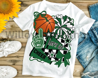 Animadora de baloncesto verde estilo preppy, ¡vamos! PNG, lazo coqueto, temporada de porristas PNG, temporada de baloncesto PNG, día de partido, mamá porrista, mamá de jugador de baloncesto