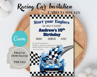 May include: A digital racing car invitation card template. The design features a blue race car, checkered flags, and the text "Start your Engines" and "Andrew's 10th Birthday". Includes a Canva logo and PDF file download option.
