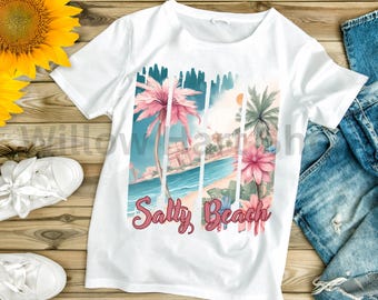 Design per maglietta con pennellate di spiaggia salata PNG/ Design per sublimazione/ Regalo di compleanno PNG/ Amanti della spiaggia PNG/ Alberi tropicali PNG/ Atmosfera estiva PNG