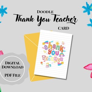 Tarjeta de agradecimiento para el maestro con diseño de doodle imprimible/Maestra de guardería/Agradecimiento al maestro/Tarjeta lista para doblar/Tarjeta de felicitación para el maestro/Regalo para el maestro