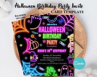 May include: A Halloween birthday party invitation card template with a black background and neon-colored graphics. The card features a ghost, spiderwebs, and the text "Halloween Birthday Party" and "Brad's 10th Birthday".