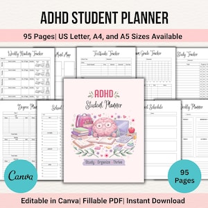 May include: A pink ADHD Student Planner with a brain illustration, a backpack, and books. The planner includes sections for weekly reading, mind maps, and study tracking. The text reads "ADHD Student Planner" and "Study Organize Thrive". It is available in US Letter, A4, and A5 sizes.