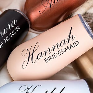 Personalized High Quality Champagne Tumbler with Name, Bridesmaid flute, Bachelorette Wine Glass Party, Bridesmaid Gifts, Tumbler with Lid