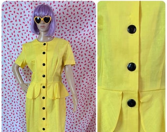 Vintage 1980’s Yellow Black Buttons Peplum Midi Dress