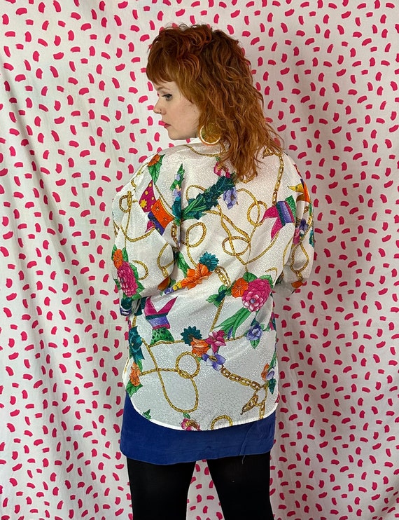Vintage 1980’s Silky White and Colorful Print Blo… - image 3