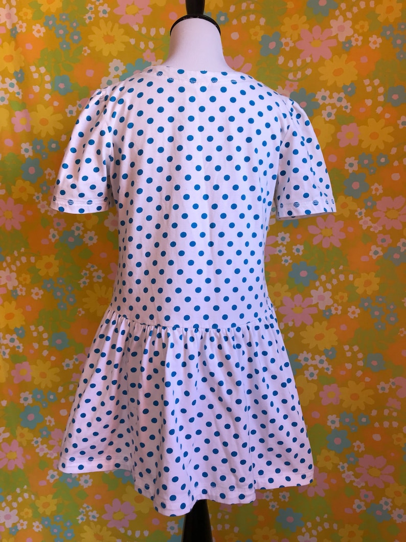 Vintage 1980/'s White with Blue Polka Dots Cotton Mini Cute Kawaii Retro Dress Large L
