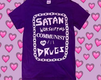 Satan Worshipping Communist On Drugs Leftist Funny Political Purple Upcycled Screen Printed T Shirt Small S