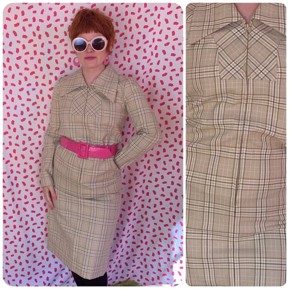 Vintage Tan and Grey Plaid Collared “Fred Rothsch… - image 1