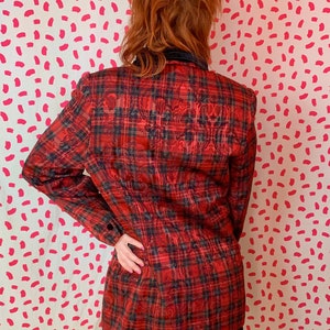 Vintage 1980s Red Plaid Shiny Velvet Collar Button Down Blouse or Blazer Jacket Mod Fancy Punk 1417 image 2