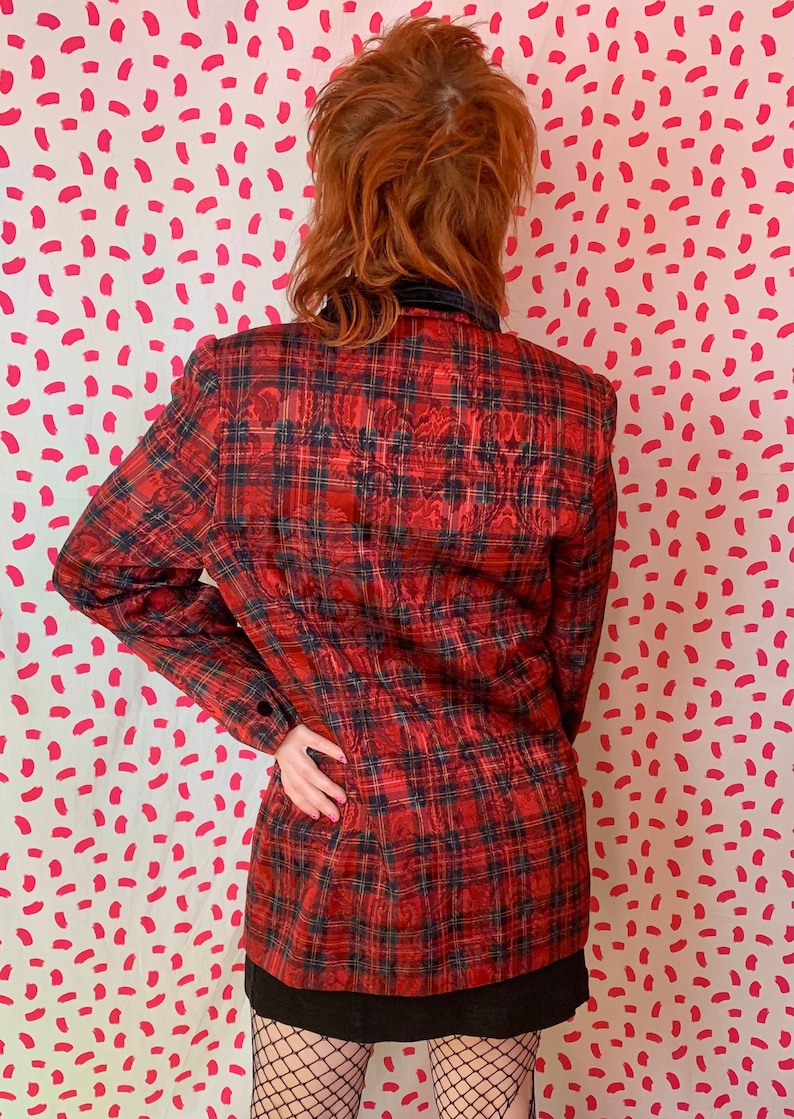 Vintage 1980s Red Plaid Shiny Velvet Collar Button Down Blouse or Blazer Jacket Mod Fancy Punk 1417 image 2