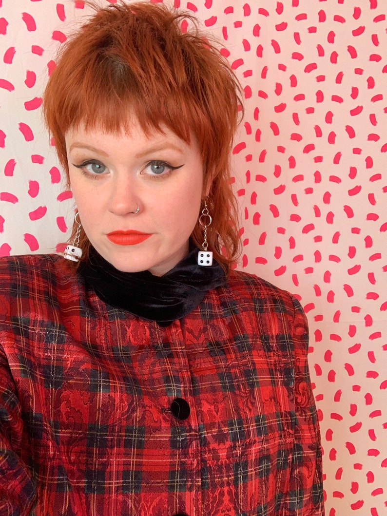 Vintage 1980s Red Plaid Shiny Velvet Collar Button Down Blouse or Blazer Jacket Mod Fancy Punk 1417 image 7