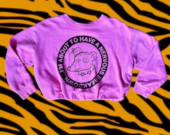 Nervous breakdown rat screen printed onto second hand medium cropped pinkish purple pullover womens sweatshirt MEDIUM upcycled