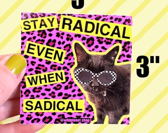 Sticker “stay radical even when sadical” black cat with sunglasses pink leopard print colorful 3”x3”