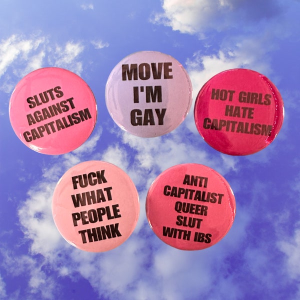 Funny Buttons Swears Queer Anti Capitalist Gay Slut Handmade Pink Blue Buttons
