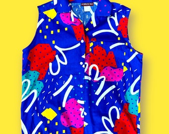 Vintage 1980’s Royal Blue Funky Abstract Miss Frizzle Vibes Sleeveless Collared Top