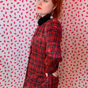 Vintage 1980s Red Plaid Shiny Velvet Collar Button Down Blouse or Blazer Jacket Mod Fancy Punk 1417 image 3