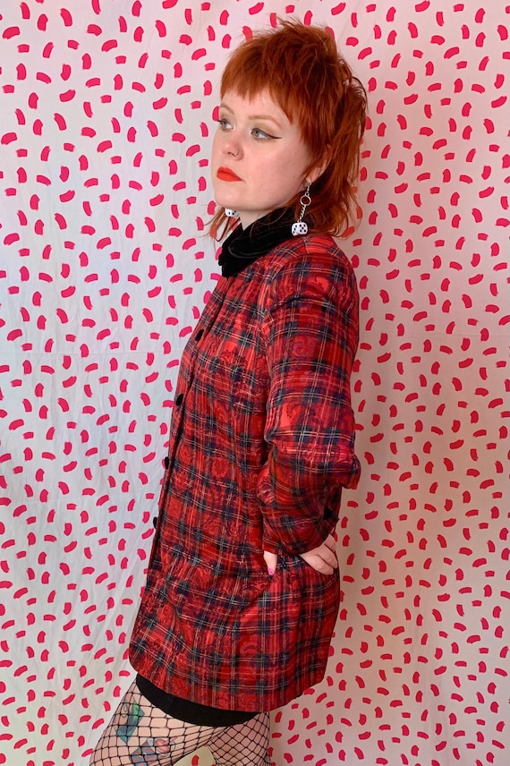 Vintage 1980’s Red Plaid Shiny Velvet Collar Butt… - image 3