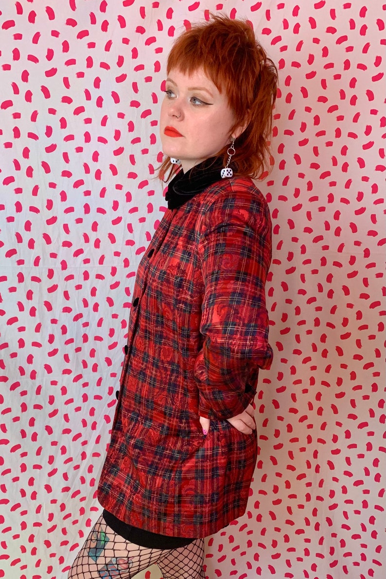 Vintage 1980s Red Plaid Shiny Velvet Collar Button Down Blouse or Blazer Jacket Mod Fancy Punk 1417 image 3